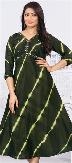 Party Wear Green color Kurti in Art Silk fabric with Anarkali, Long Sleeve Printed, Resham, Thread work : 1869928