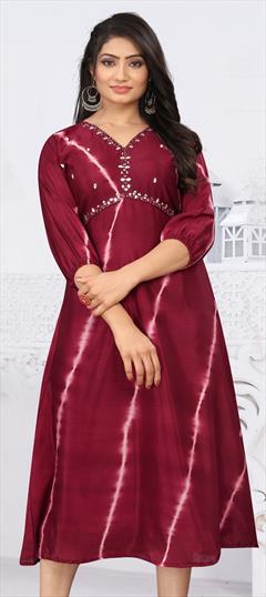 Party Wear Red and Maroon color Kurti in Art Silk fabric with Anarkali, Long Sleeve Printed, Resham, Thread work : 1869930