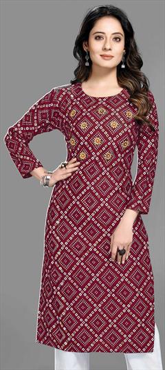 Casual Red and Maroon color Kurti in Rayon fabric with Long Sleeve, Straight Bandhej, Printed work : 1870004