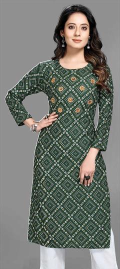 Casual Green color Kurti in Rayon fabric with Long Sleeve, Straight Bandhej, Printed work : 1870005