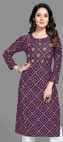 Casual Purple and Violet color Kurti in Rayon fabric with Long Sleeve, Straight Bandhej, Printed work : 1870006