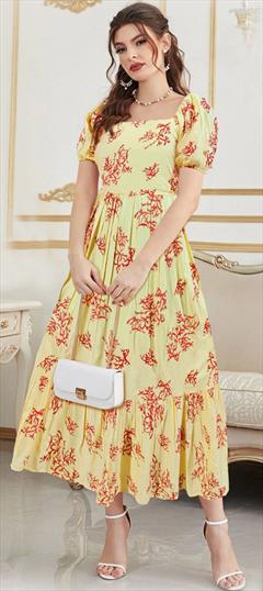 Casual Yellow color Kurti in Cotton fabric with Anarkali, Short Sleeve Printed work : 1870531
