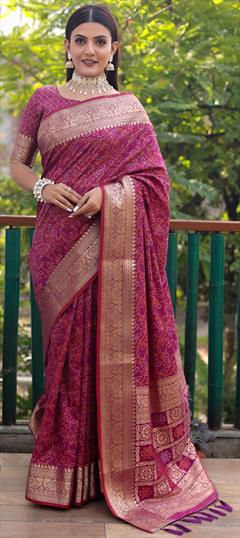 Festive, Reception, Traditional Purple and Violet color Saree in Patola Silk, Silk fabric with Rajasthani, South Bandhej, Printed, Weaving work : 1870567