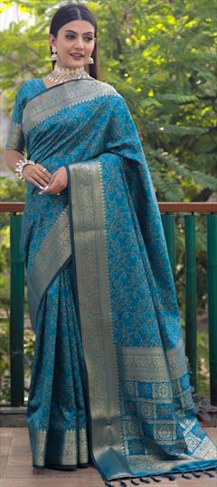 Festive, Reception, Traditional Blue color Saree in Patola Silk, Silk fabric with Rajasthani, South Bandhej, Printed, Weaving work : 1870572