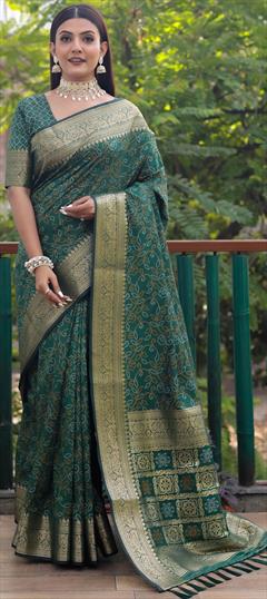 Festive, Reception, Traditional Green color Saree in Patola Silk, Silk fabric with Rajasthani, South Bandhej, Printed, Weaving work : 1870573