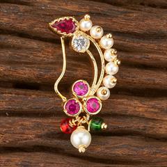 Red and Maroon color Nose Ring in Brass studded with Austrian diamond, Pearl & Gold Rodium Polish : 1870575