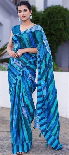 Festive, Party Wear Blue color Saree in Faux Georgette fabric with Classic Digital Print, Sequence work : 1870669