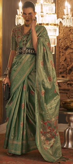 Party Wear, Traditional Green color Saree in Handloom fabric with Bengali Printed, Weaving work : 1870701