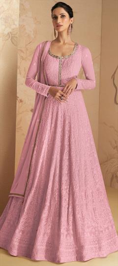 Party Wear, Reception Pink and Majenta color Salwar Kameez in Cotton, Georgette fabric with Anarkali Embroidered, Resham, Thread work : 1870881