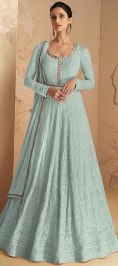 Party Wear, Reception Blue color Salwar Kameez in Cotton, Georgette fabric with Anarkali Embroidered, Resham, Thread work : 1870886