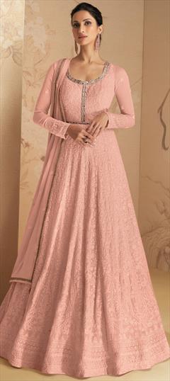 Party Wear, Reception Pink and Majenta color Salwar Kameez in Cotton, Georgette fabric with Anarkali Embroidered, Resham, Thread work : 1870889