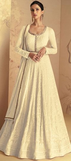 Party Wear, Reception White and Off White color Salwar Kameez in Cotton, Georgette fabric with Anarkali Embroidered, Resham, Thread work : 1870890