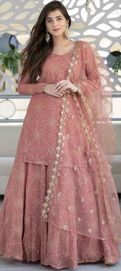 Mehendi Sangeet, Reception Pink and Majenta color Long Lehenga Choli in Faux Georgette fabric with Embroidered, Sequence, Thread work : 1870936