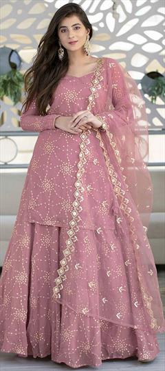 Mehendi Sangeet, Reception Pink and Majenta color Long Lehenga Choli in Faux Georgette fabric with Embroidered, Sequence, Thread work : 1870944