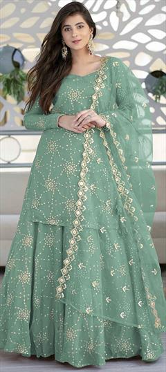 Mehendi Sangeet, Reception Green color Long Lehenga Choli in Faux Georgette fabric with Embroidered, Sequence, Thread work : 1870947