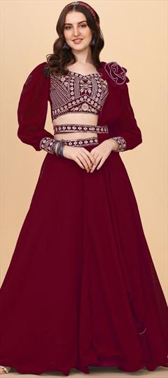 Festive, Mehendi Sangeet, Reception Red and Maroon color Lehenga in Georgette fabric with Flared Embroidered, Resham, Thread work : 1871059