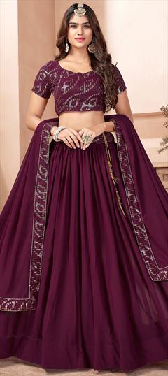 Festive, Mehendi Sangeet, Reception Purple and Violet color Lehenga in Georgette fabric with Flared Embroidered, Resham, Thread work : 1871060