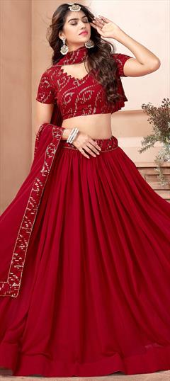 Festive, Mehendi Sangeet, Reception Red and Maroon color Lehenga in Georgette fabric with Flared Embroidered, Resham, Thread work : 1871063