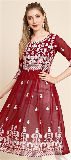 Casual Red and Maroon color Kurti in Georgette fabric with Anarkali, Long Sleeve Embroidered, Resham, Thread work : 1871109