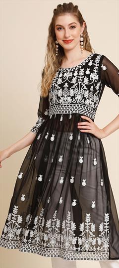Casual Black and Grey color Kurti in Georgette fabric with Anarkali, Long Sleeve Embroidered, Resham, Thread work : 1871115
