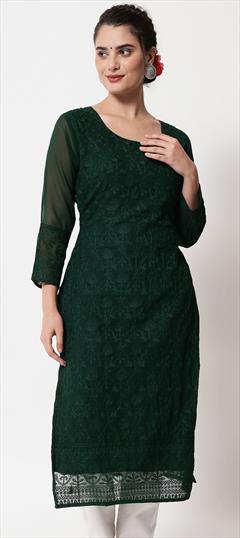 Casual Green color Kurti in Georgette fabric with Long Sleeve, Straight Embroidered, Resham, Thread work : 1871222