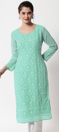 Casual Green color Kurti in Georgette fabric with Long Sleeve, Straight Embroidered, Resham, Thread work : 1871228