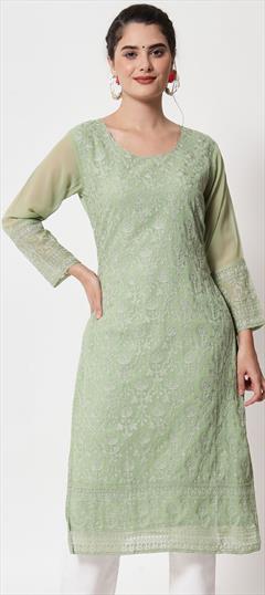 Casual Green color Kurti in Georgette fabric with Long Sleeve, Straight Embroidered, Resham, Thread work : 1871229