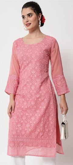 Casual Pink and Majenta color Kurti in Georgette fabric with Long Sleeve, Straight Embroidered, Resham, Thread work : 1871231