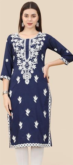 Casual Blue color Kurti in Art Silk fabric with Long Sleeve, Straight Embroidered, Thread work : 1871256