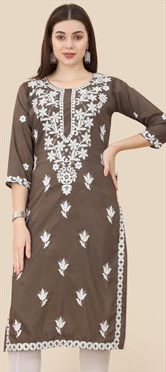 Casual Beige and Brown color Kurti in Art Silk fabric with Long Sleeve, Straight Embroidered, Thread work : 1871258
