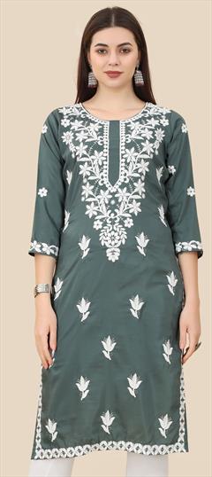 Casual Black and Grey color Kurti in Art Silk fabric with Long Sleeve, Straight Embroidered, Thread work : 1871260