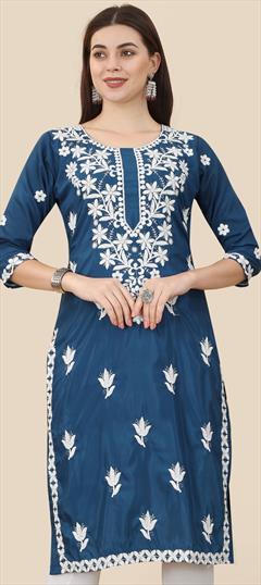 Casual Blue color Kurti in Art Silk fabric with Long Sleeve, Straight Embroidered, Thread work : 1871262