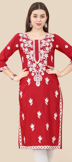 Casual Red and Maroon color Kurti in Art Silk fabric with Long Sleeve, Straight Embroidered, Thread work : 1871264