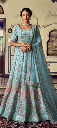 Designer, Mehendi Sangeet, Reception Blue color Lehenga in Georgette fabric with Flared Sequence, Thread, Zari, Zircon work : 1871332