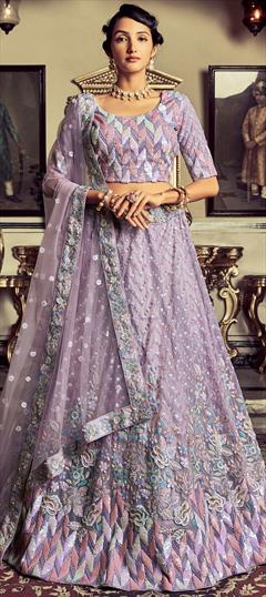 Designer, Mehendi Sangeet, Reception Purple and Violet color Lehenga in Georgette fabric with Flared Sequence, Thread work : 1871357