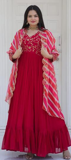Festive, Mehendi Sangeet, Reception Red and Maroon color Gown in Faux Georgette fabric with Embroidered, Sequence, Thread, Zari work : 1871363