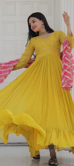 Festive, Mehendi Sangeet, Reception Yellow color Gown in Faux Georgette fabric with Embroidered, Sequence, Thread, Zari work : 1871364