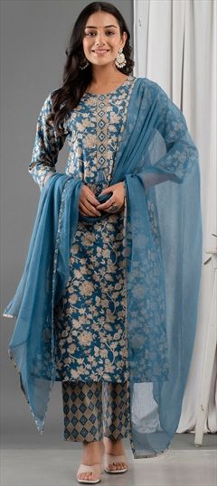 Party Wear, Summer Blue color Salwar Kameez in Cotton fabric with Straight Floral, Printed, Resham, Thread work : 1871395