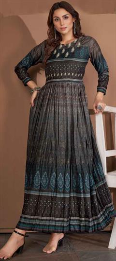 Party Wear Black and Grey color Kurti in Muslin fabric with Anarkali, Long Sleeve Printed work : 1871418