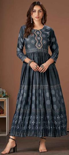 Party Wear Black and Grey color Kurti in Muslin fabric with Anarkali, Long Sleeve Printed work : 1871423