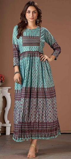 Party Wear Blue color Kurti in Muslin fabric with Anarkali, Long Sleeve Printed work : 1871432