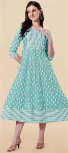 Party Wear Blue color Kurti in Rayon fabric with Anarkali, Long Sleeve Printed work : 1871456