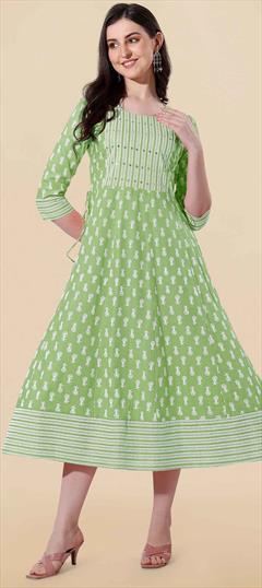 Party Wear Green color Kurti in Rayon fabric with Anarkali, Long Sleeve Printed work : 1871458