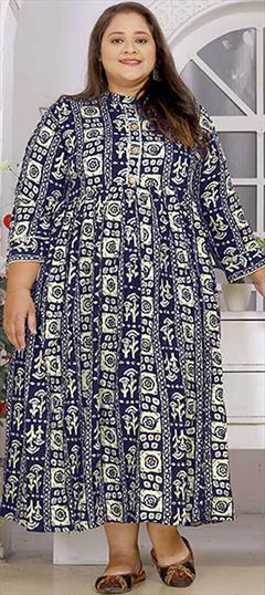 Casual Blue color Kurti in Rayon fabric with Anarkali Embroidered work : 1871472