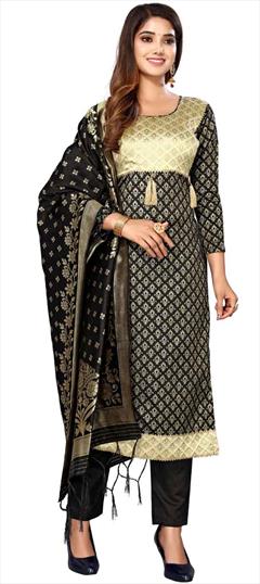 Party Wear Black and Grey color Salwar Kameez in Banarasi Silk fabric with Straight Weaving work : 1871488