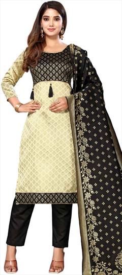 Party Wear Beige and Brown color Salwar Kameez in Banarasi Silk fabric with Straight Weaving work : 1871489
