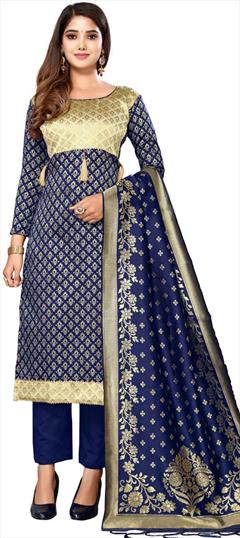 Party Wear Blue color Salwar Kameez in Banarasi Silk fabric with Straight Weaving work : 1871491