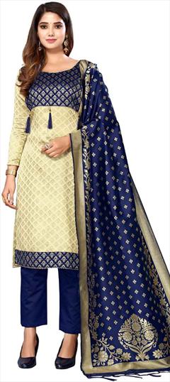 Party Wear Beige and Brown color Salwar Kameez in Banarasi Silk fabric with Straight Weaving work : 1871495