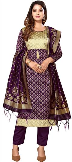 Party Wear Purple and Violet color Salwar Kameez in Banarasi Silk fabric with Straight Weaving work : 1871500