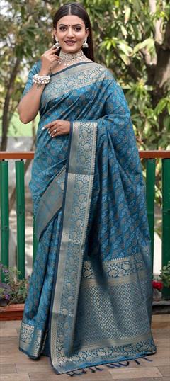 Festive, Traditional Blue color Saree in Patola Silk, Silk fabric with Rajasthani, South Bandhej, Printed, Weaving work : 1871533